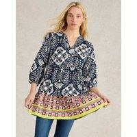 Pure Cotton Geometric Notch Neck Puff Sleeve Tunic