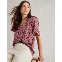 Printed Crinkle V-Neck Button Through Top
