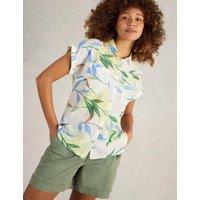 Pure Cotton Leaf Print Collared Cap Sleeve Shirt