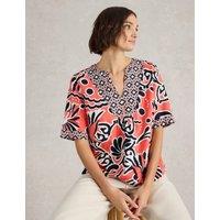 Linen Blend Printed V-Neck Top