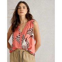 Linen Blend Printed V-Neck Button Front Top