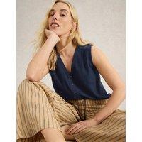 Linen Blend Button Detail V-Neck Vest