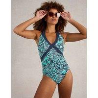 White Stuff Printed Tie Detail Halterneck Swimsuit Blue Mix