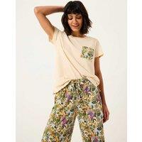 FatFace Cotton Linen Peacock Pocket Pyjama Top Green Mix