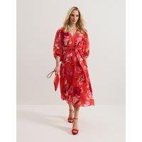 Floral V-Neck Belted Midi Skater Dress