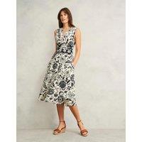 Pure Linen Floral V-Neck Midi Skater Dress