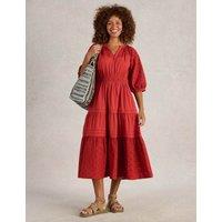 Pure Cotton Broderie V-Neck Midi Tiered Dress