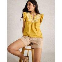 Pure Cotton Embroidered Frill Detail Top
