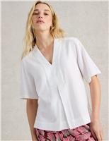 V-Neck Pleat Detail Shirt with Linen