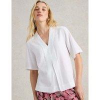 White Stuff V-Neck Pleat Detail Shirt with Linen White