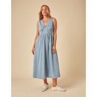 Pure Cotton Tie Neck Midaxi Waisted Dress