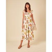 Pure Cotton Fruit Tea Print Midi Tiered Dress