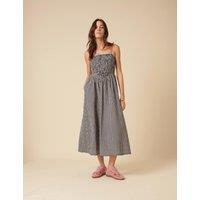 Pure Cotton Gingham Square Neck Strappy Midi Shirred Dress