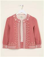 FatFace Pure Cotton Embroidered Open Short Jacket Light Pink Mix