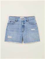 Pure Cotton Denim Distressed Mid Rise Shorts