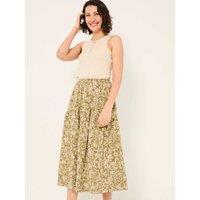 FatFace Pure Cotton Floral Tiered Midi Skirt Khaki Mix