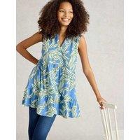 White Stuff Pure Cotton Leaf Print V-Neck Tunic Blue Mix