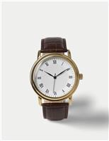 Gold Tone Round Face Croc Leather Strap Watch