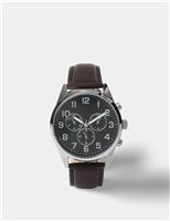 Silver Tone Round Face Leather Strap Watch