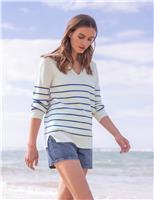 Celtic & Co. Pure Merino Wool Striped V-Neck Jumper Ecru Mix