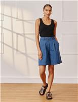 Denim Pleat Front Long Shorts
