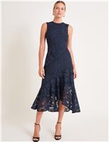 Monsoon Lace Embroidered Floral Midi Tea Dress Navy