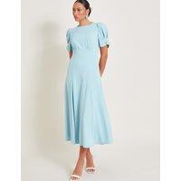 Crepe Round Neck Puff Sleeve Midi Tea Dress