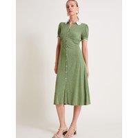 Polka Dot Jersey Collared Midi Shirt Dress