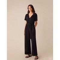 Jersey Belted Short Sleeve Wide Leg Jumpsuit