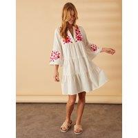 Cotton Rich Embroidered V-Neck Beach Dress