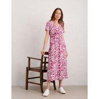 Pure Cotton Floral V-Neck Midi Waisted Dress