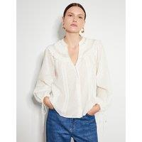 Pure Cotton Lace Notch Neck Scallop Blouse