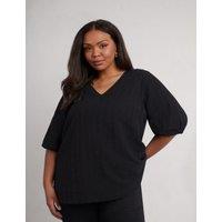 Cotton Blend Textured V-Neck Puff Sleeve Top