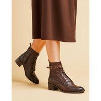 Jones Bootmaker Leather Lace Up Block Heel Ankle Boots Chocolate