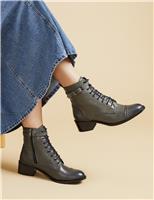 Leather Lace Up Block Heel Ankle Boots