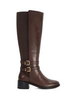 Dune London Leather Double Buckle Knee High Boots Brown