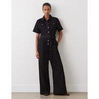 Denim Belted Short Sleeve Jumpsuit