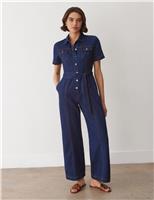 Denim Belted Short Sleeve Jumpsuit