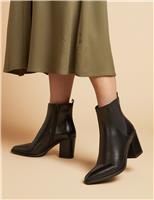Leather Block Heel Pointed Ankle Boots