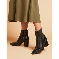 Leather Block Heel Pointed Ankle Boots