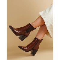 Leather Block Heel Pointed Ankle Boots