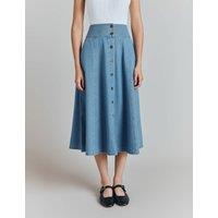 Denim Button Front Midi A-Line Skirt