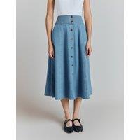 Denim Button Front Midi A-Line Skirt