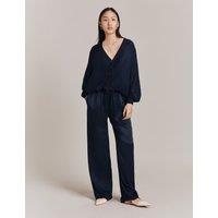 Ghost Satin Drawstring Wide Leg Trousers Navy