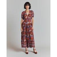 Crepe Floral Border Puff Sleeve Midi Dress