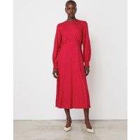 Finery London Polka Dot Blouson Sleeve Midi Waisted Dress Red Mix