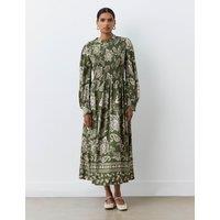 Printed Shirred Midi Smock Dress