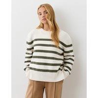 Finery London Cotton Rich Striped Ribbed Crew Neck Jumper Green Mix