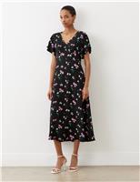 Finery London Floral V-Neck Midi Tea Dress Black Mix