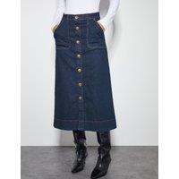 Denim Button Front Midi A-Line Skirt